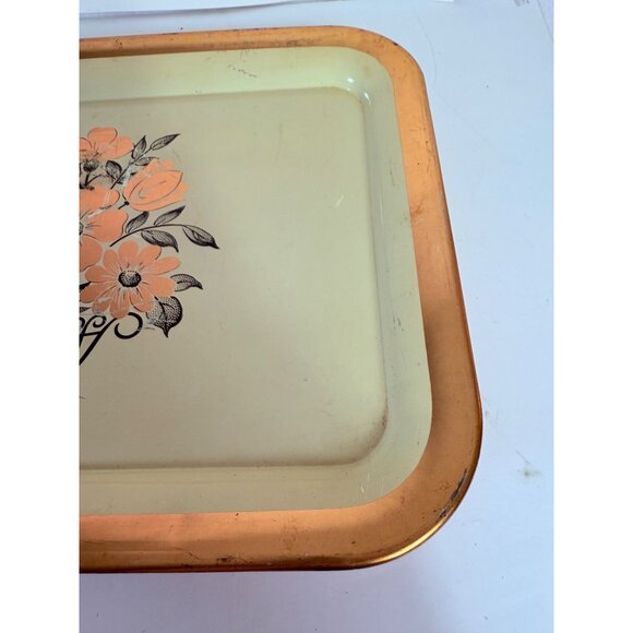 Rustic Metal Floral Serving Tray Gold Tone Flowers Trim Farmers Market VTG 50s - Picture 13 of 16